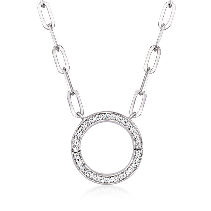 Sterling silver circle charm necklace with diamond halo ring pendant and oval link chain