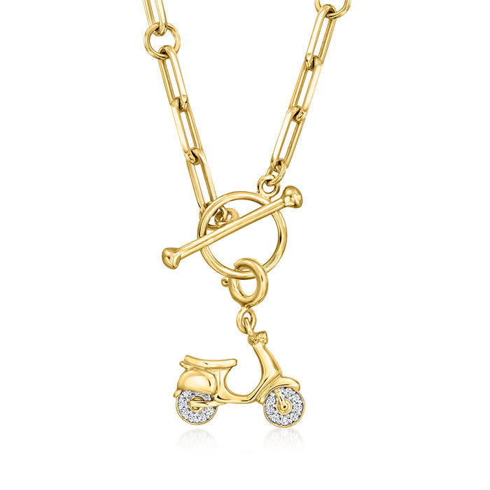 Gold linked chain necklace with dangling scooter charm and diamond-accented wheels