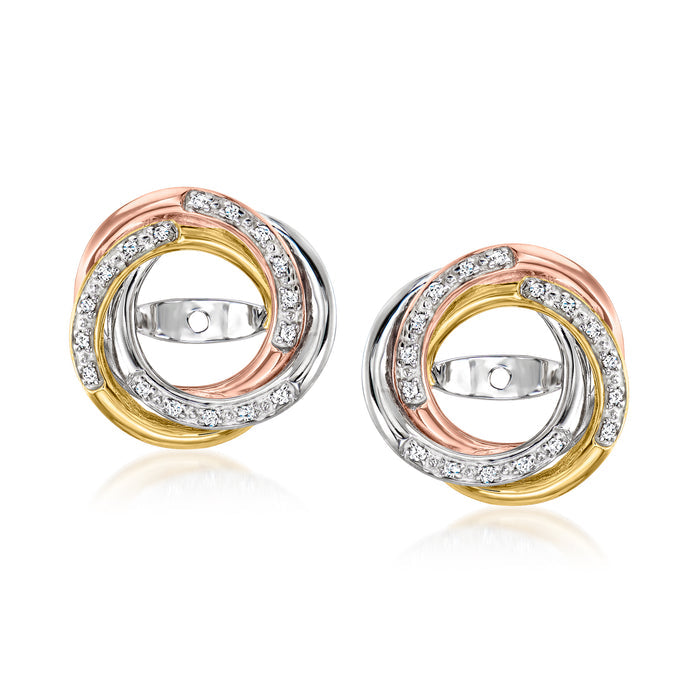 Tri-colored sterling silver diamond swirl earring jacket with open back and round pave halo