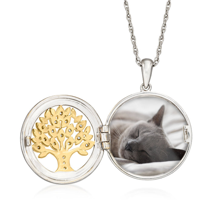 Open round locket necklace: gold Tree of Life on one side, gray cat photo on other