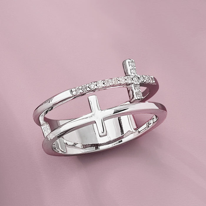 Sterling silver two-row cross ring with diamond accents