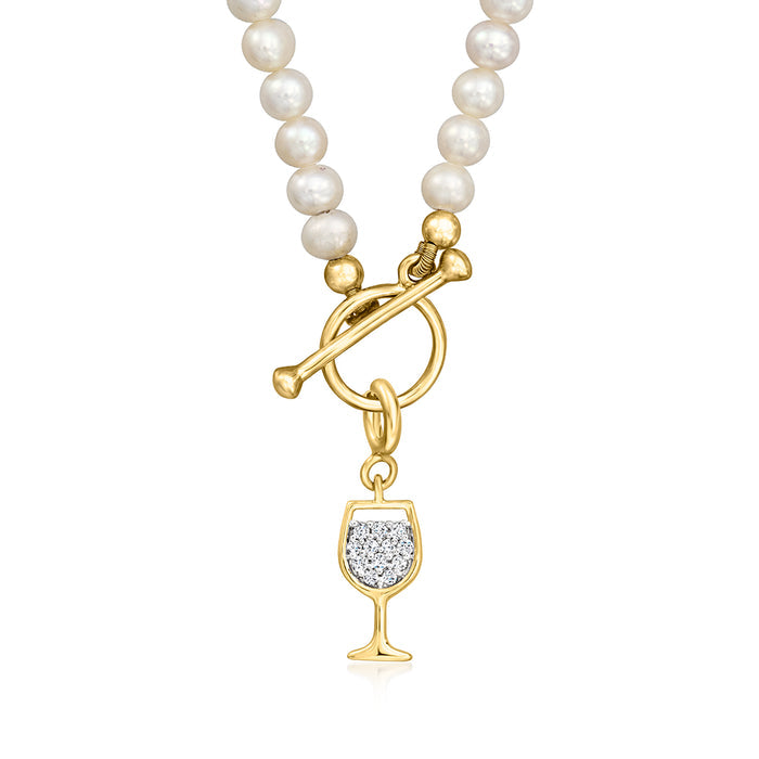 Wine glass diamond charm on gold hook with pearl beads