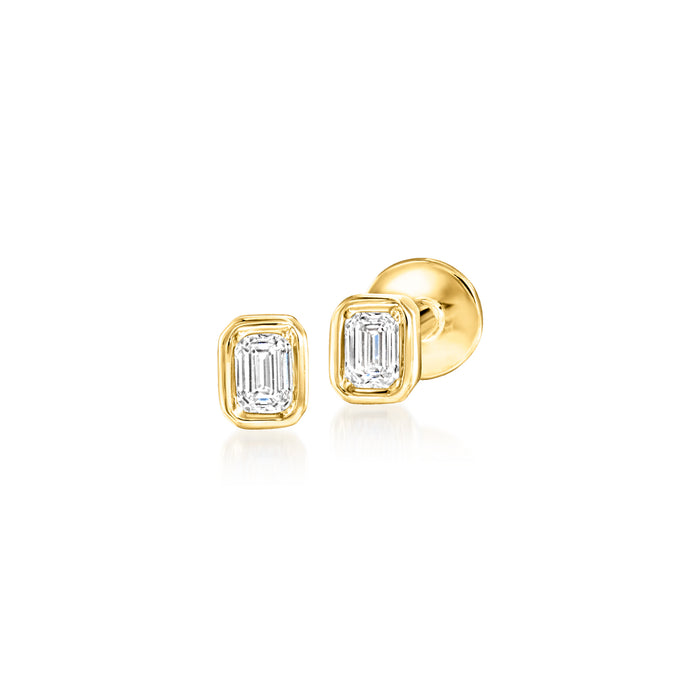 Emerald-cut diamond stud earrings, 14kt yellow gold, square diamond face