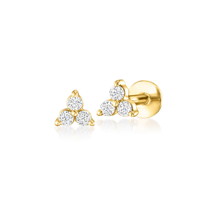 14kt yellow gold three-stone diamond stud earrings, flat backs with round stones