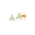14kt yellow gold three-stone diamond stud earrings, flat backs with round stones