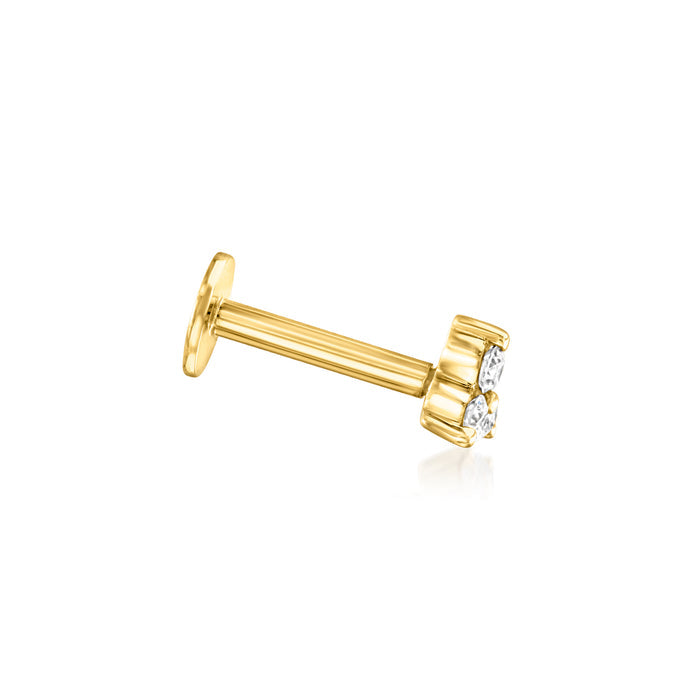 14kt yellow gold flat-back diamond stud earring with three round stones and prongs