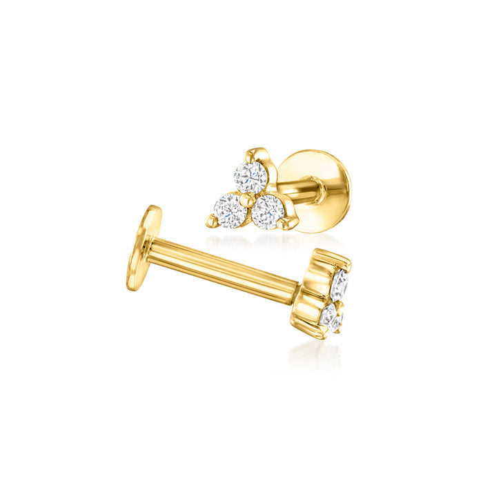 14kt yellow gold three-stone diamond stud earrings with round stones, flat back