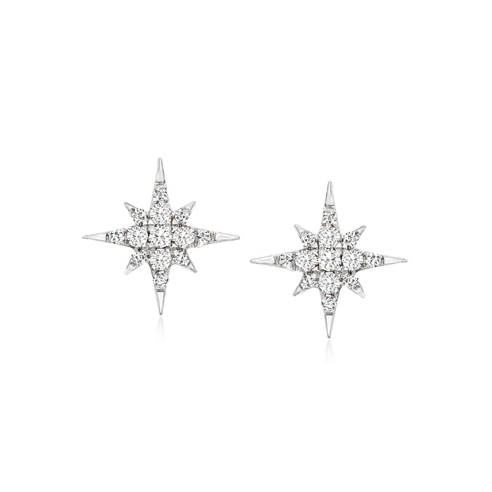 Sterling silver star diamond stud earrings with four-sided sparkle, post backs.