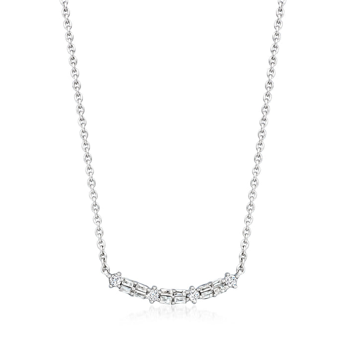 Sterling silver curved bar diamond necklace with round and baguette stones
