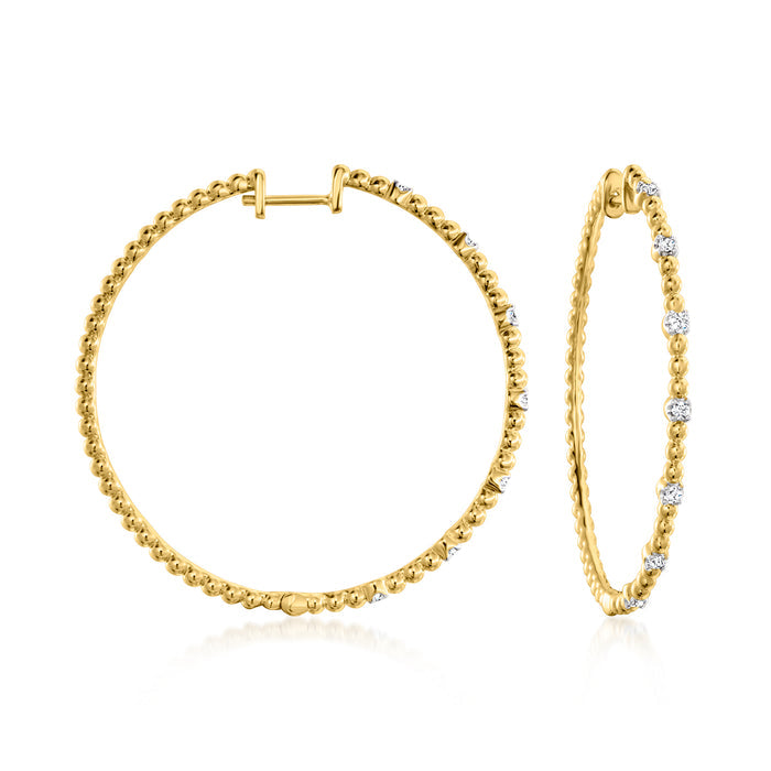 Gold hoop earrings with diamond station beaded detail and hinged clasp