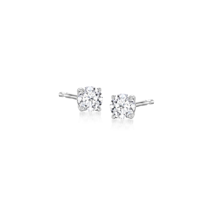 Sterling silver round diamond stud earrings with four prongs, pair