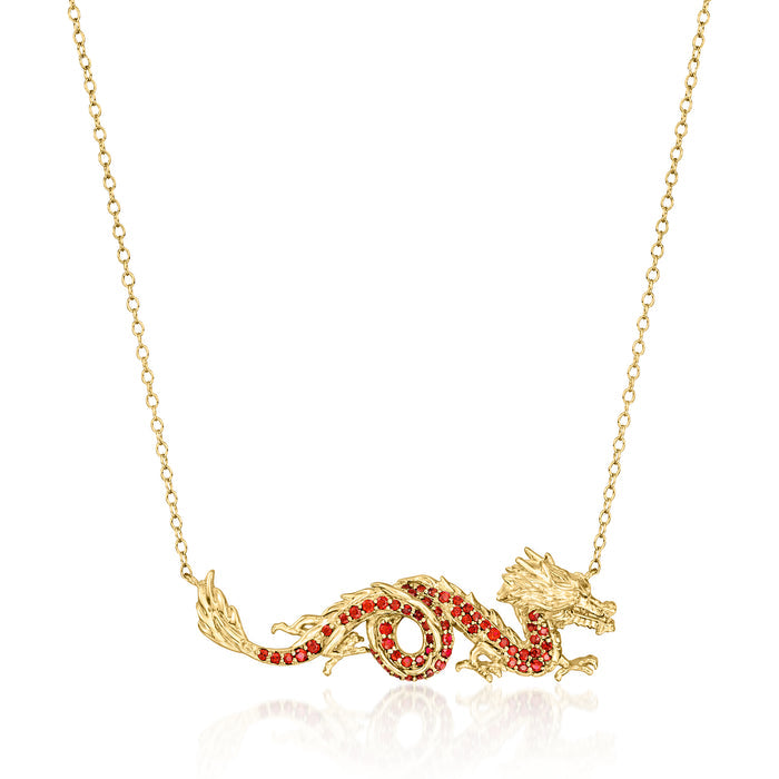 Garnet dragon pendant necklace with red stone eyes, 18kt gold over sterling chain