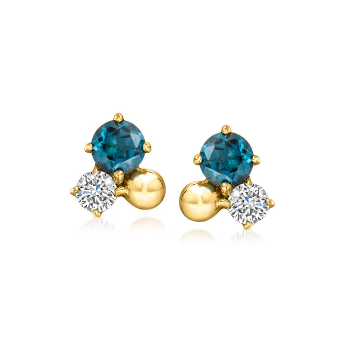 Round blue topaz and diamond stud earrings on 18kt gold over sterling posts