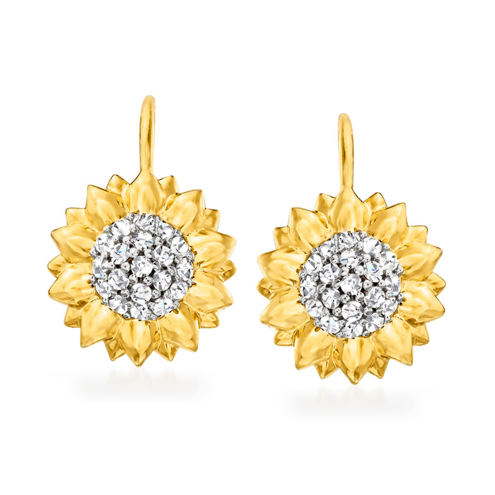 Sunflower drop earrings in gold over sterling with round white stone center