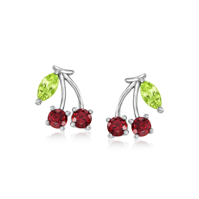 Sterling silver cherry stud earrings with red garnet cherries and green peridot leaves