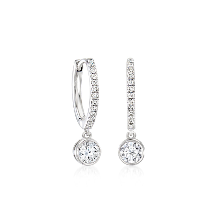 Sterling silver diamond huggie hoop drop earrings with round dangling stones