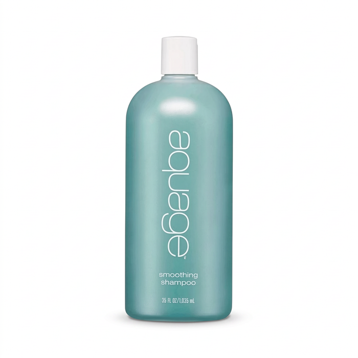 A bottle of aegerbe smoothing shampoo in a translucent teal-blue color with a white cap, shown on a plain white background.