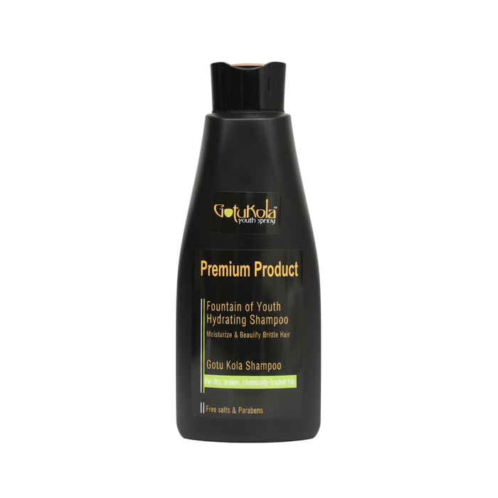 Black shampoo bottle with yellow text on a white background