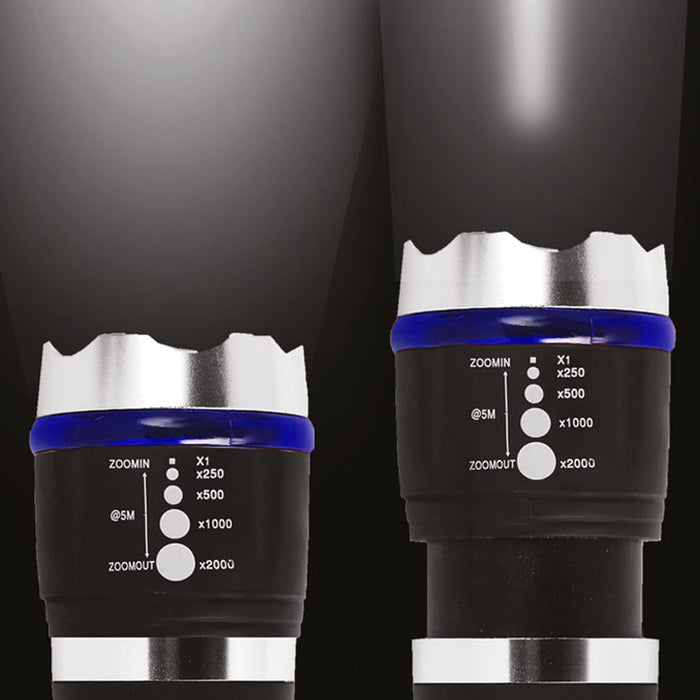 Two close-up views of the flashlight's head, showing the adjustable zoom settings with different beam widths on a dark