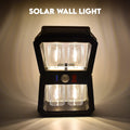 Solar Wall Lantern with motion sensor illuminating an outdoor space at dusk.